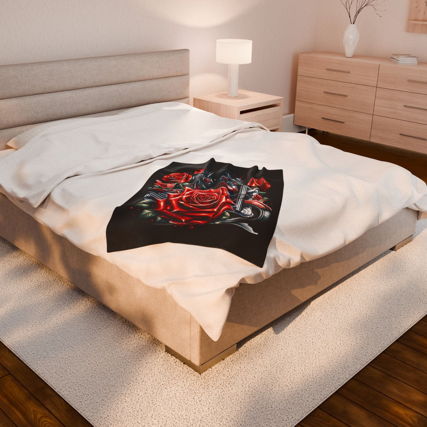 Gothic Rose Velvet Blanket | Cozy Throw, Home Decor, Gift for Bikers, Cool Stylish Blanket, Harley Inspired
