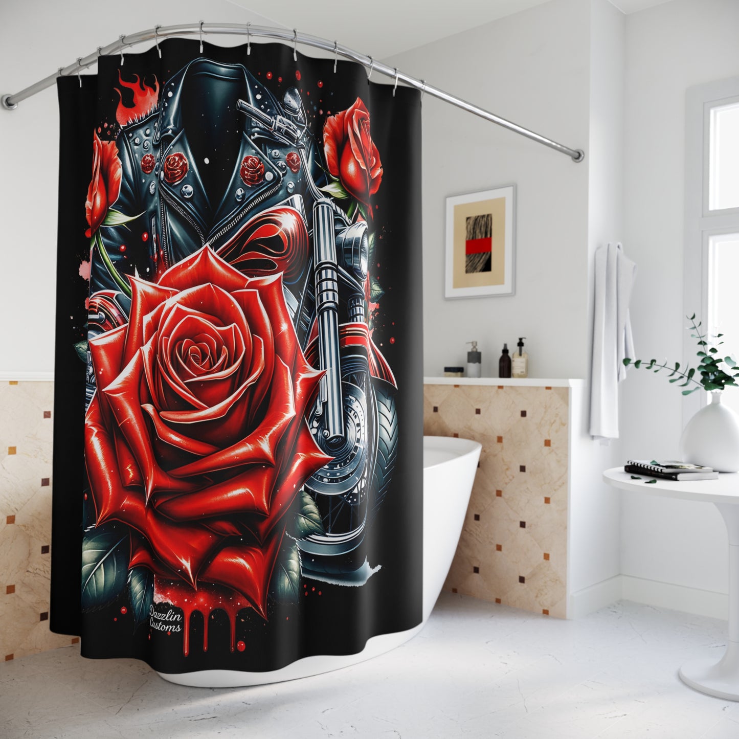 Edgy Motorcycle Rose Shower Curtain, Goth Bathroom Decor, Biker Style Home Accessories, Unique Gift for Motorcycle Lovers, Floral Motif