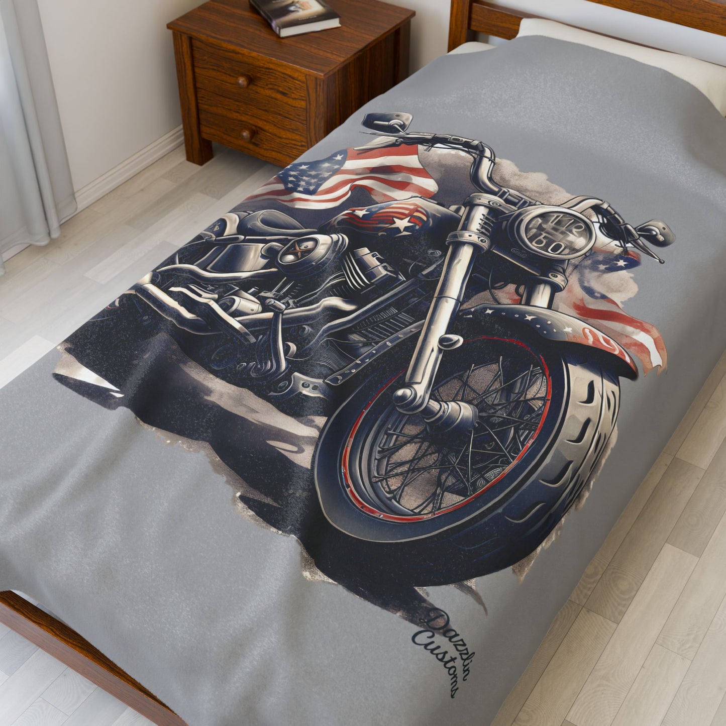 Patriotic Motorcycle Velveteen Plush Blanket | Cozy Gifts for Bikers, Camping, Home Decor, Americana