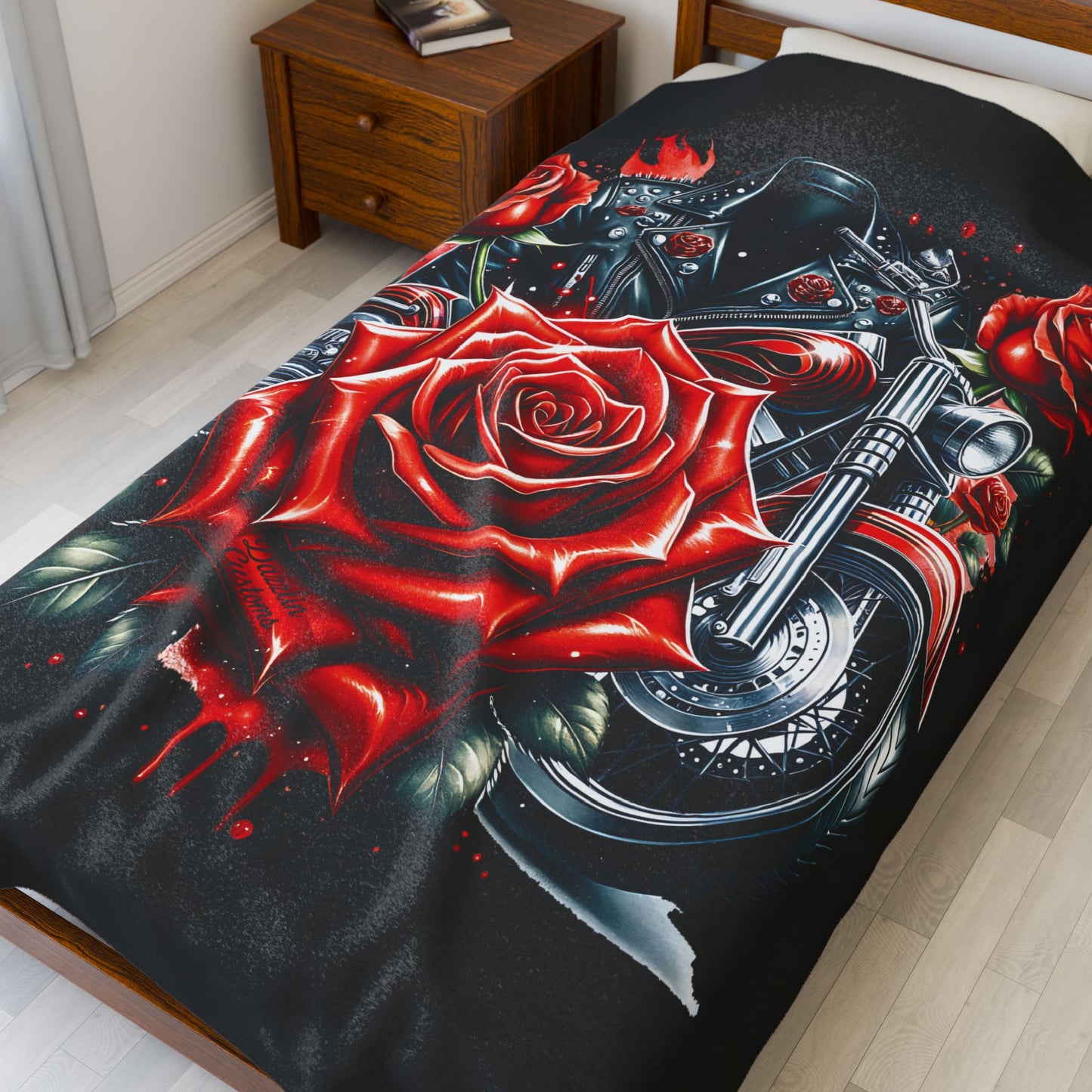 Gothic Rose Velvet Blanket | Cozy Throw, Home Decor, Gift for Bikers, Cool Stylish Blanket, Harley Inspired