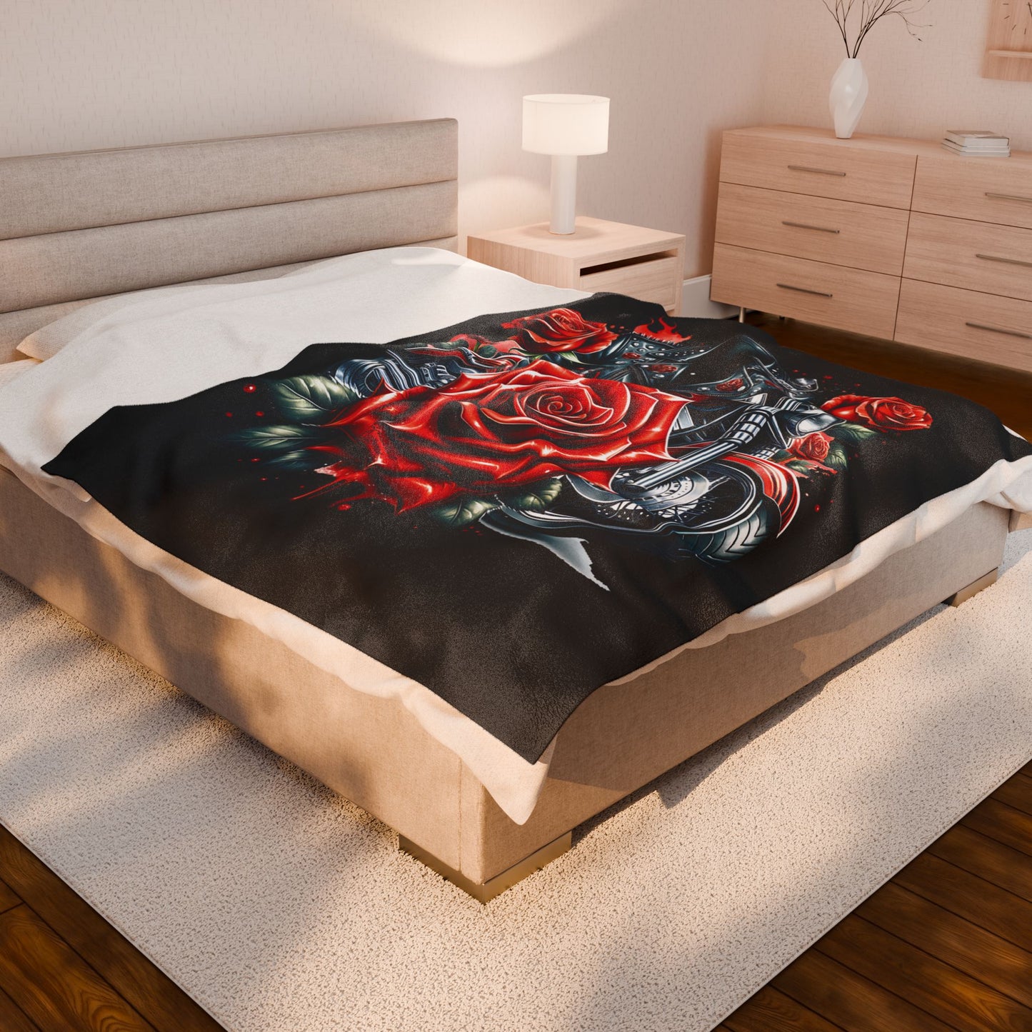 Gothic Rose Velvet Blanket | Cozy Throw, Home Decor, Gift for Bikers, Cool Stylish Blanket, Harley Inspired