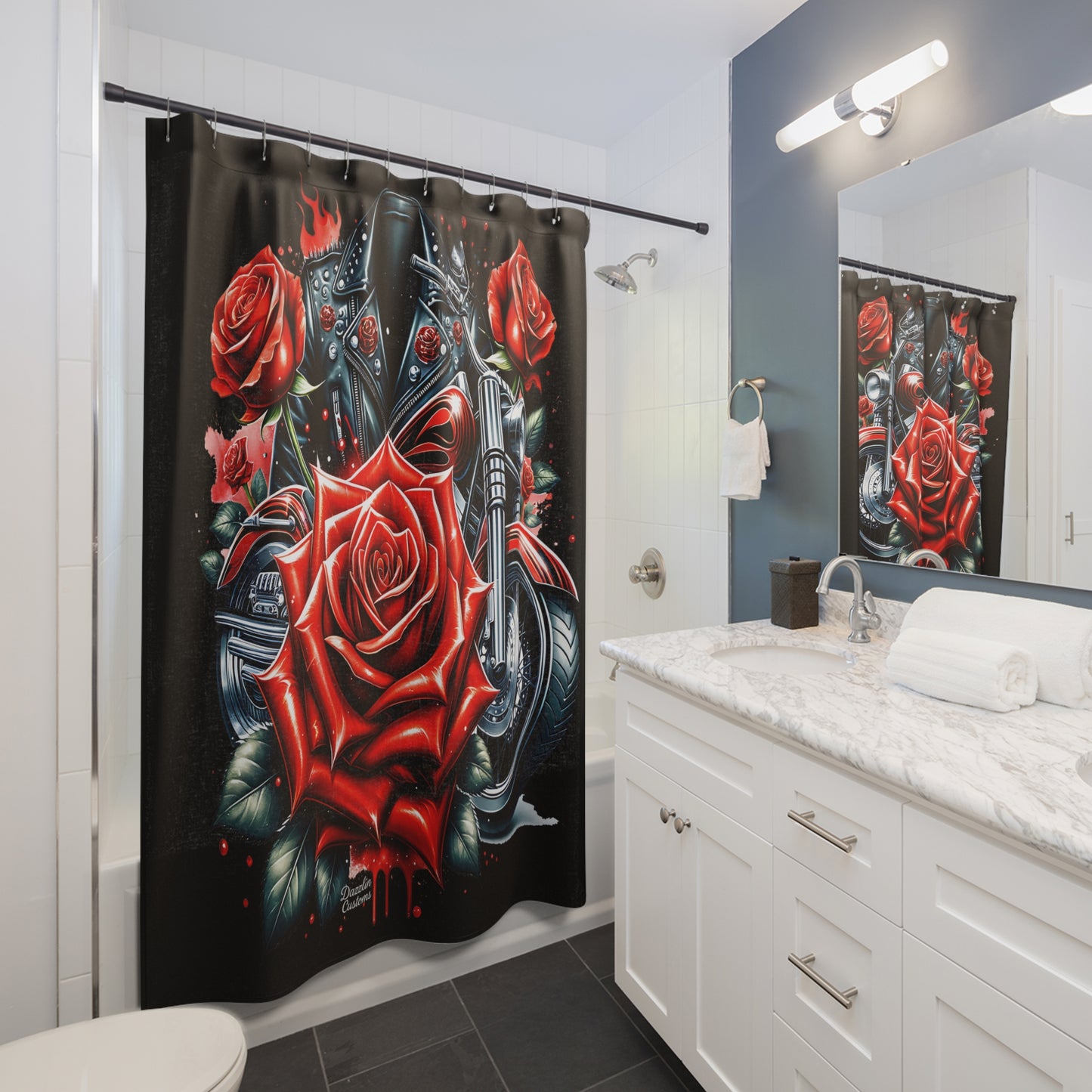 Edgy Motorcycle Rose Shower Curtain, Goth Bathroom Decor, Biker Style Home Accessories, Unique Gift for Motorcycle Lovers, Floral Motif