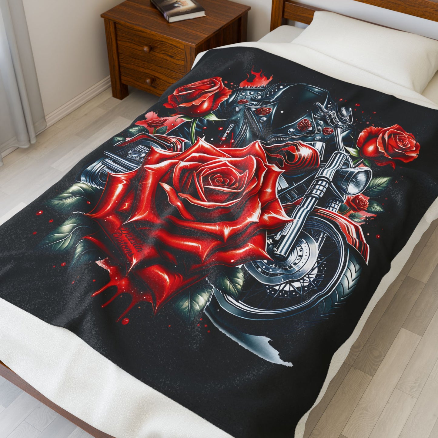 Gothic Rose Velvet Blanket | Cozy Throw, Home Decor, Gift for Bikers, Cool Stylish Blanket, Harley Inspired
