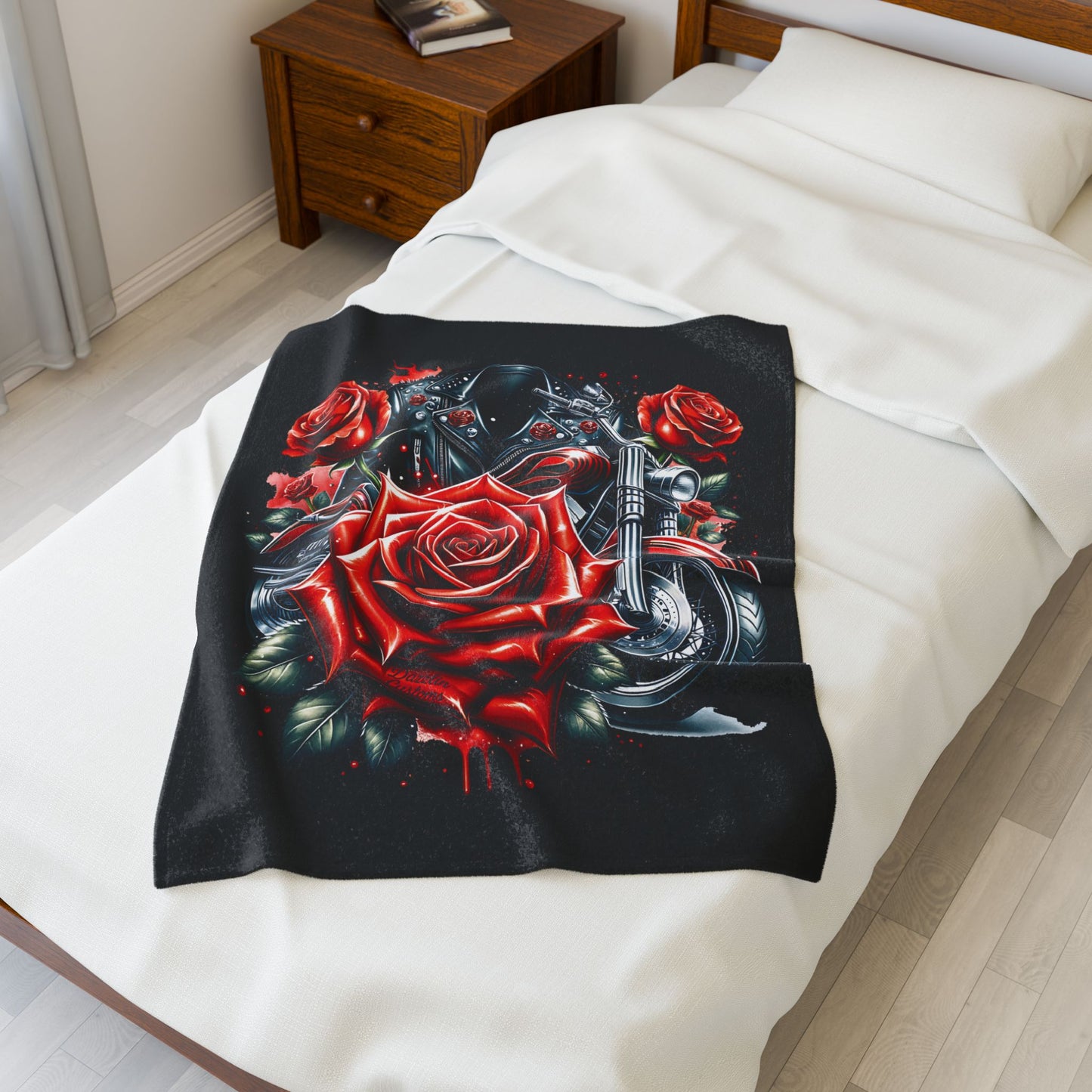 Gothic Rose Velvet Blanket | Cozy Throw, Home Decor, Gift for Bikers, Cool Stylish Blanket, Harley Inspired