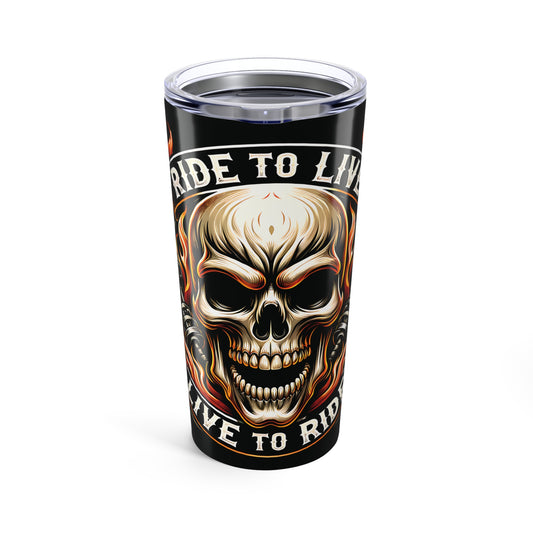 Skull Design Tumbler 20oz | Ride to Live Quote Travel Mug, Biker Gift, Birthday Cup, Halloween Decor, Cool Beverages Container