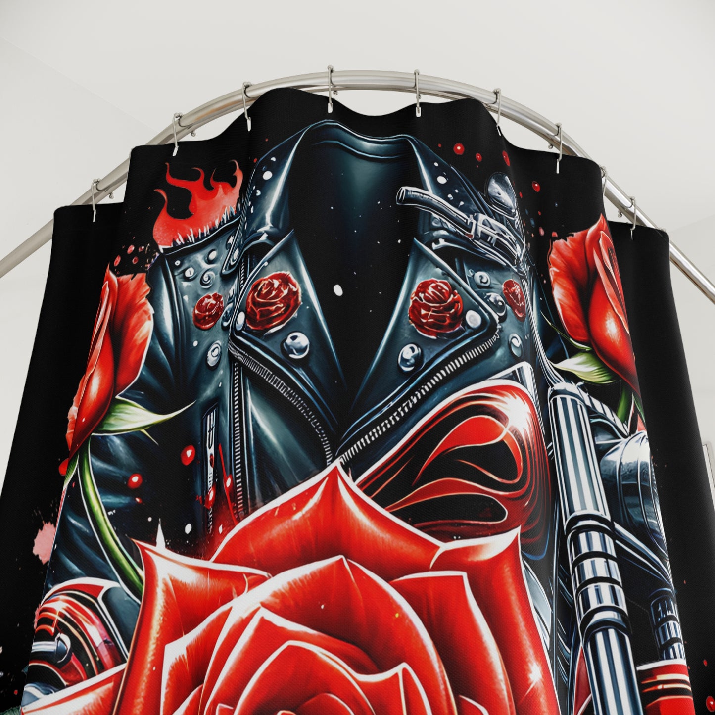 Edgy Motorcycle Rose Shower Curtain, Goth Bathroom Decor, Biker Style Home Accessories, Unique Gift for Motorcycle Lovers, Floral Motif
