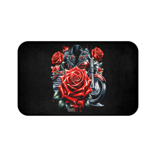 Biker Rose Bath Mat - Floral Bathroom Decor, Motorcycle Gift, Rustic Home Accent, Vintage Style, Unique Bathroom Rug