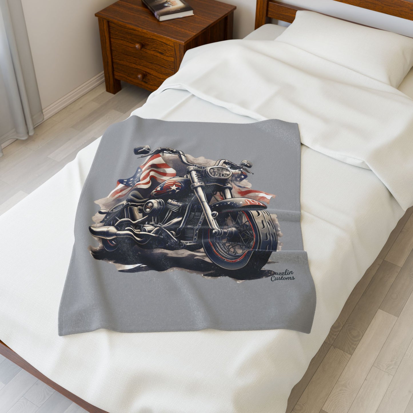Patriotic Motorcycle Velveteen Plush Blanket | Cozy Gifts for Bikers, Camping, Home Decor, Americana