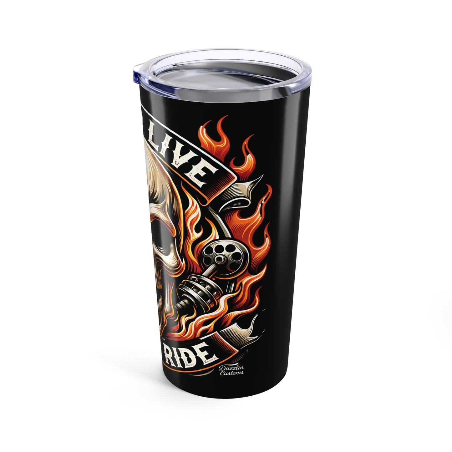 Skull Design Tumbler 20oz | Ride to Live Quote Travel Mug, Biker Gift, Birthday Cup, Halloween Decor, Cool Beverages Container