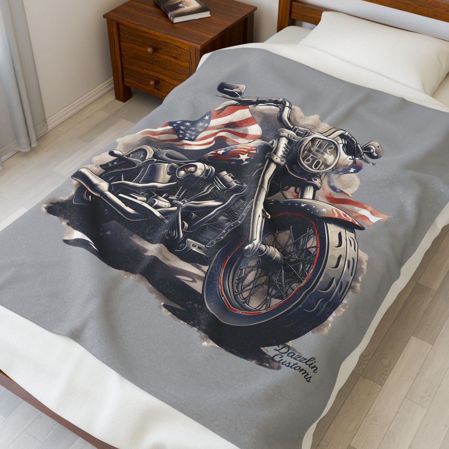 Patriotic Motorcycle Velveteen Plush Blanket | Cozy Gifts for Bikers, Camping, Home Decor, Americana