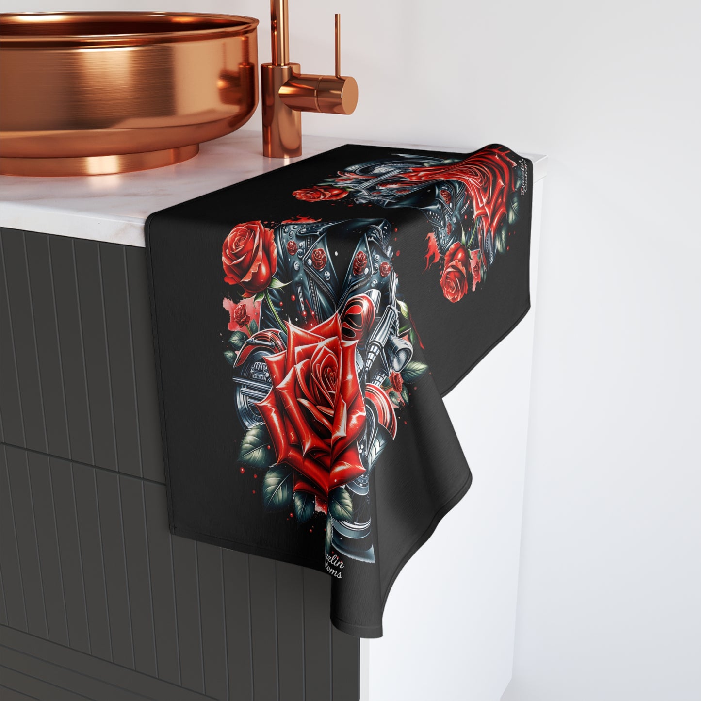Stylish Black Rose Skull Hand Towel, Gothic Decor, Bathroom Essential, Unique Gift, Home Textile