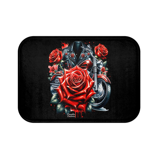 Biker Rose Bath Mat - Floral Bathroom Decor, Motorcycle Gift, Rustic Home Accent, Vintage Style, Unique Bathroom Rug