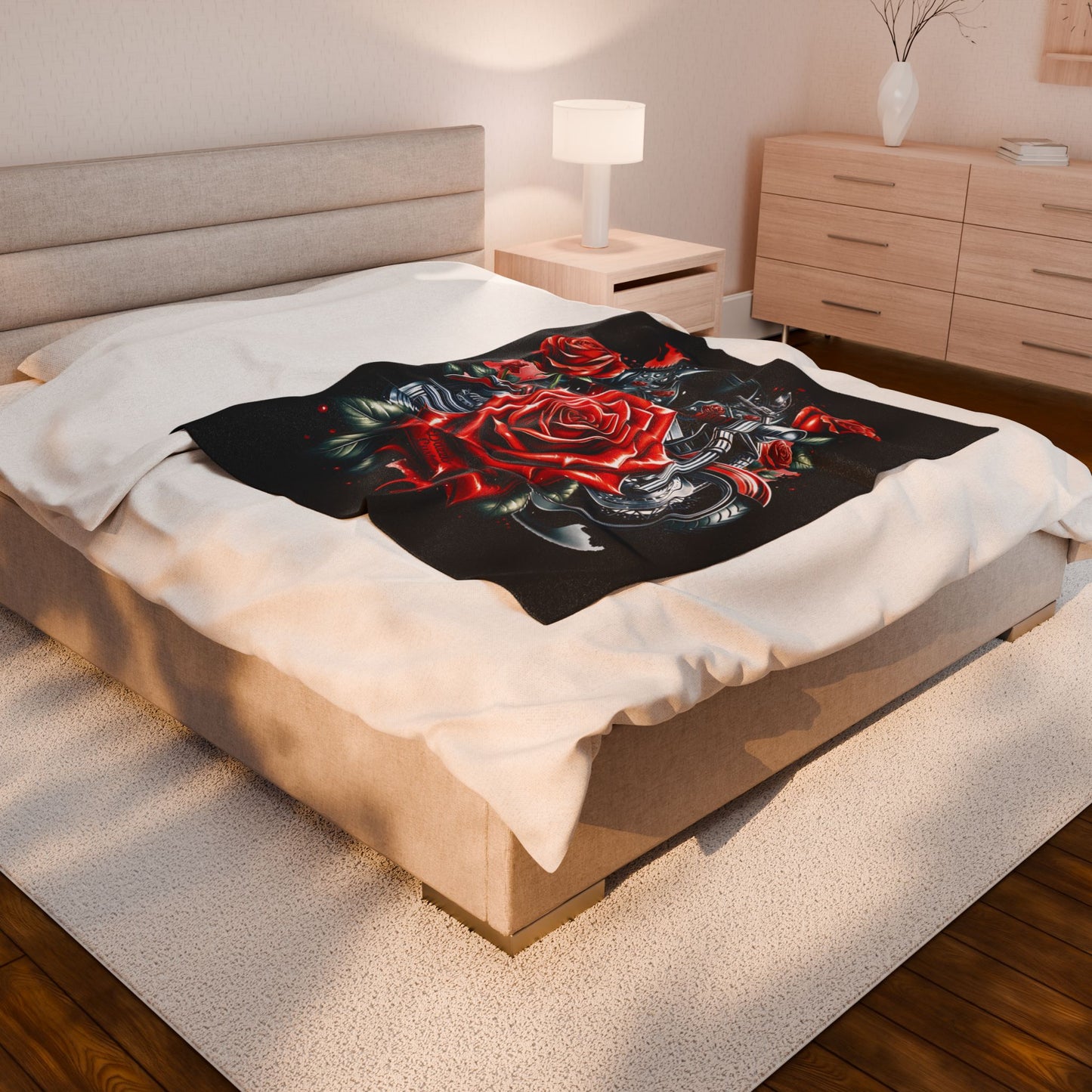 Gothic Rose Velvet Blanket | Cozy Throw, Home Decor, Gift for Bikers, Cool Stylish Blanket, Harley Inspired