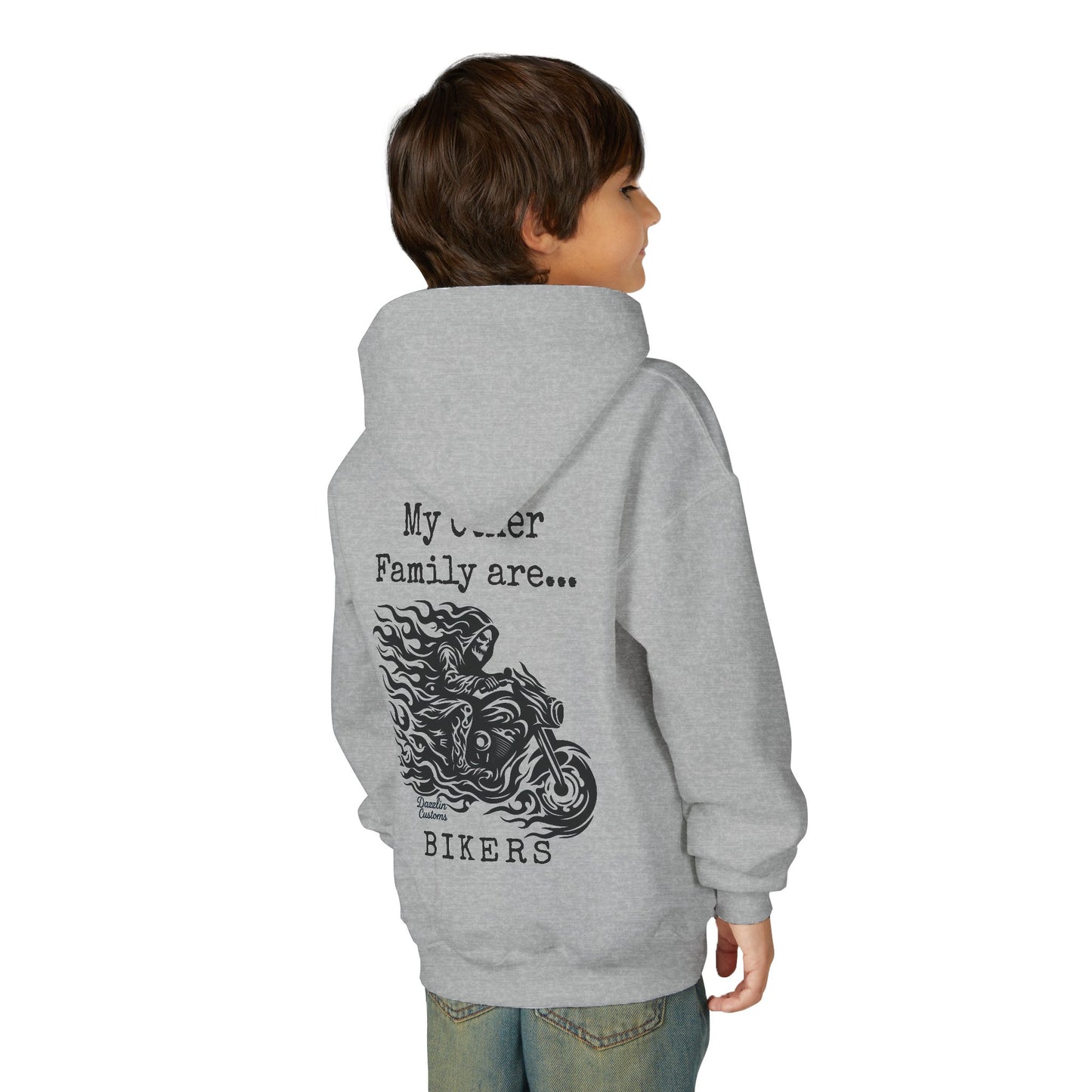 Youth Biker Family Hoodie, Cool Motorbike Sweatshirt, Gift for Kids, Biker Merchandise, Casual Wear for Youth, Fun Hooded Sweatshirt