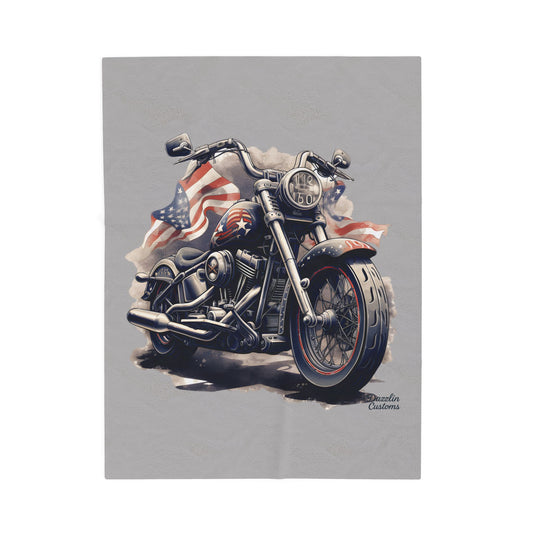 Patriotic Motorcycle Velveteen Plush Blanket | Cozy Gifts for Bikers, Camping, Home Decor, Americana