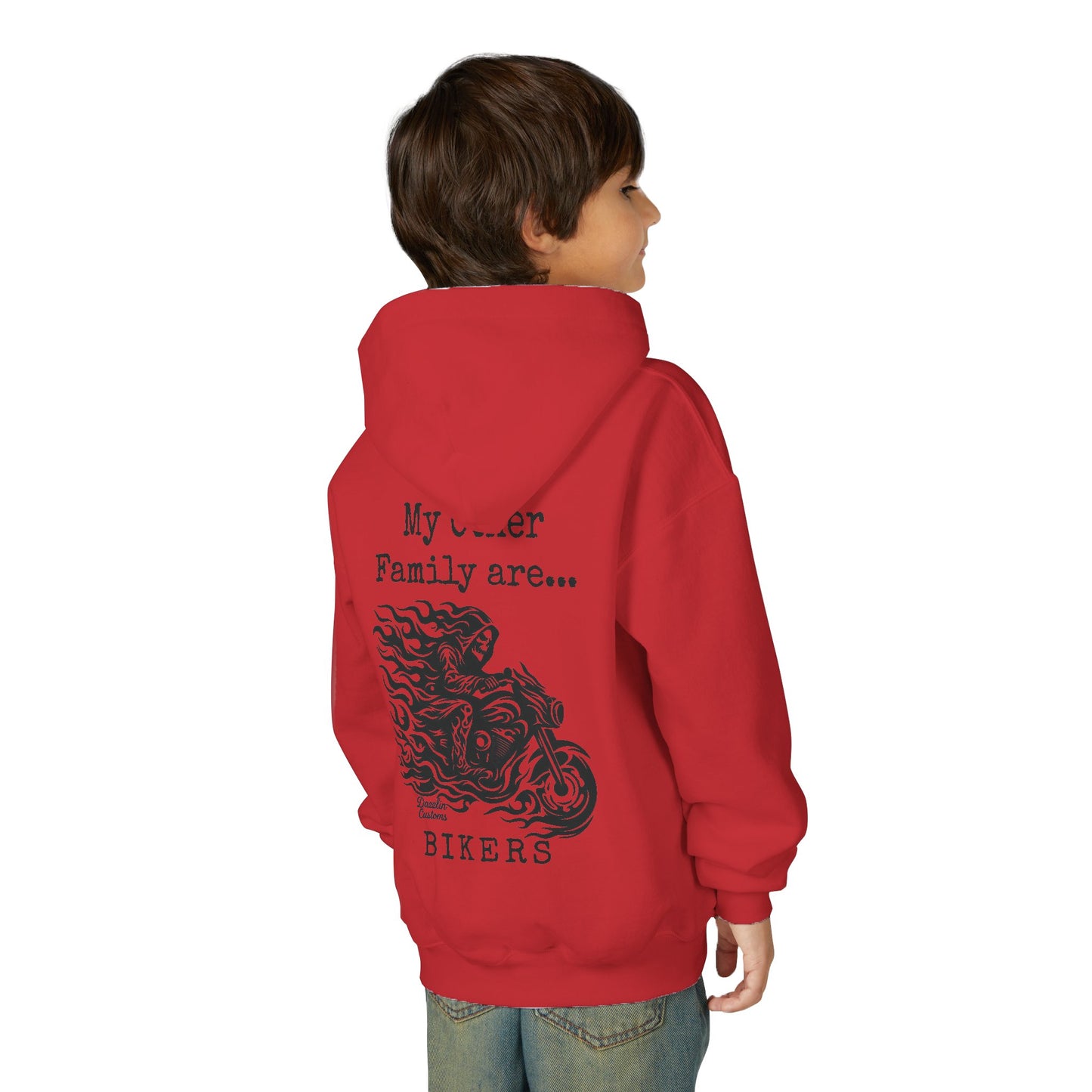 Youth Biker Family Hoodie, Cool Motorbike Sweatshirt, Gift for Kids, Biker Merchandise, Casual Wear for Youth, Fun Hooded Sweatshirt