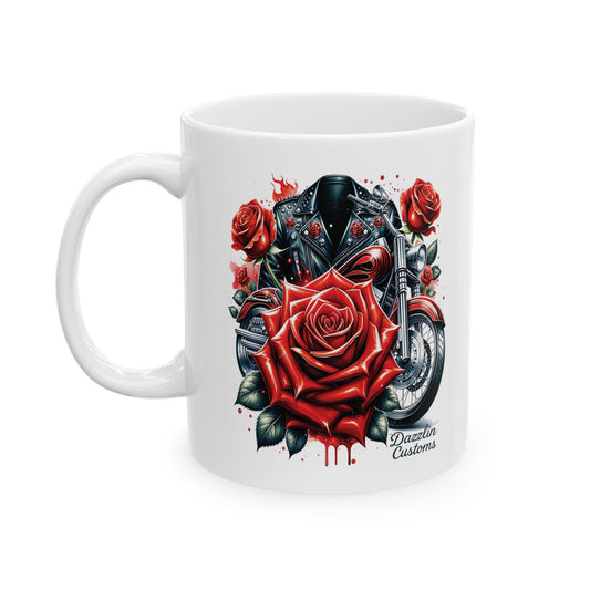 Bold Biker Rose Ceramic Mug, Motorcycle Gift, Vintage Biker Decor, Coffee Lover Mug, Unique Gift for Him, Customizable Mug