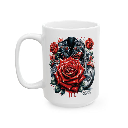 Bold Biker Rose Ceramic Mug, Motorcycle Gift, Vintage Biker Decor, Coffee Lover Mug, Unique Gift for Him, Customizable Mug